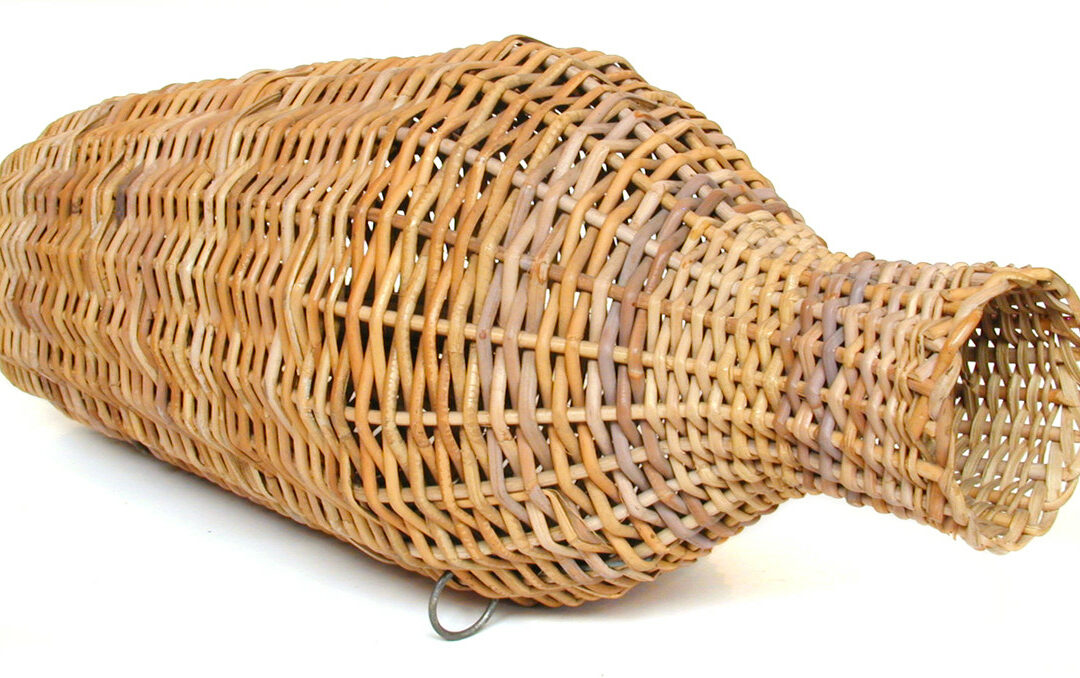 This eel trap, used for catching eels, was made by Stanley Bird of Great Yarmouth for the Museum. It is a Fenland eel trap made of cane, both round and split, with steel rings and galvanised wire. Because the pith has been removed from the cane, the trap is able to sink by itself without the need for weights. (MERL 63/606)