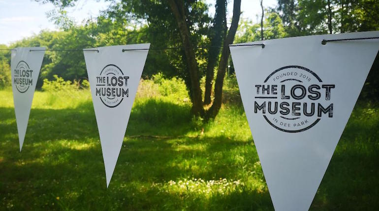 White bunting with The Lost Museum printed in black