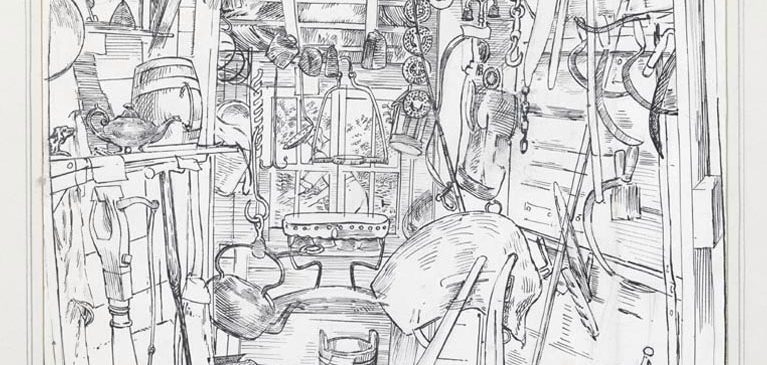 Black and white drawing of the interior of a hut called 'The Hermitage' by Thomas Hennell.