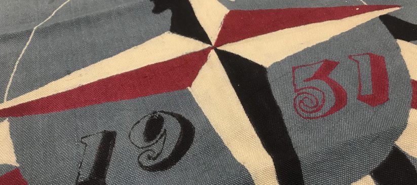 Blue, red, and white textile with Festival of Britain logo