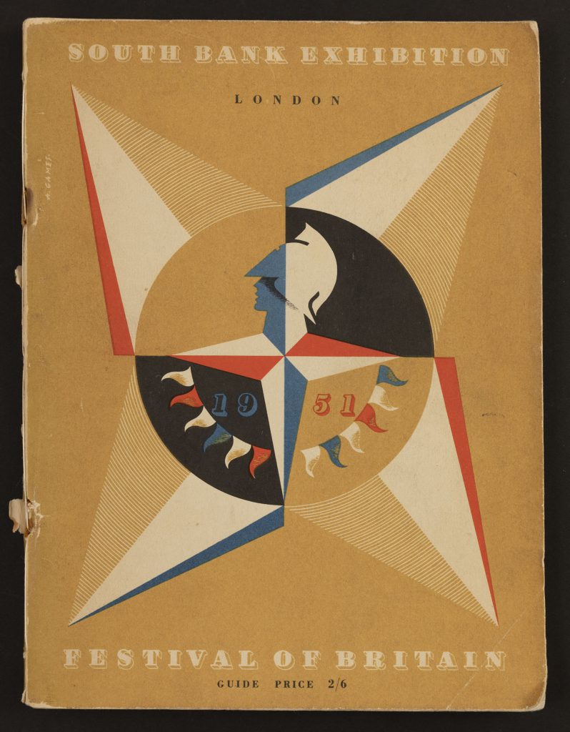 Cover of Ian Cox, The South Bank Exhibition: A Guide to the Story It Tells (London: HMSO, 1951), featuring the Festival logo.