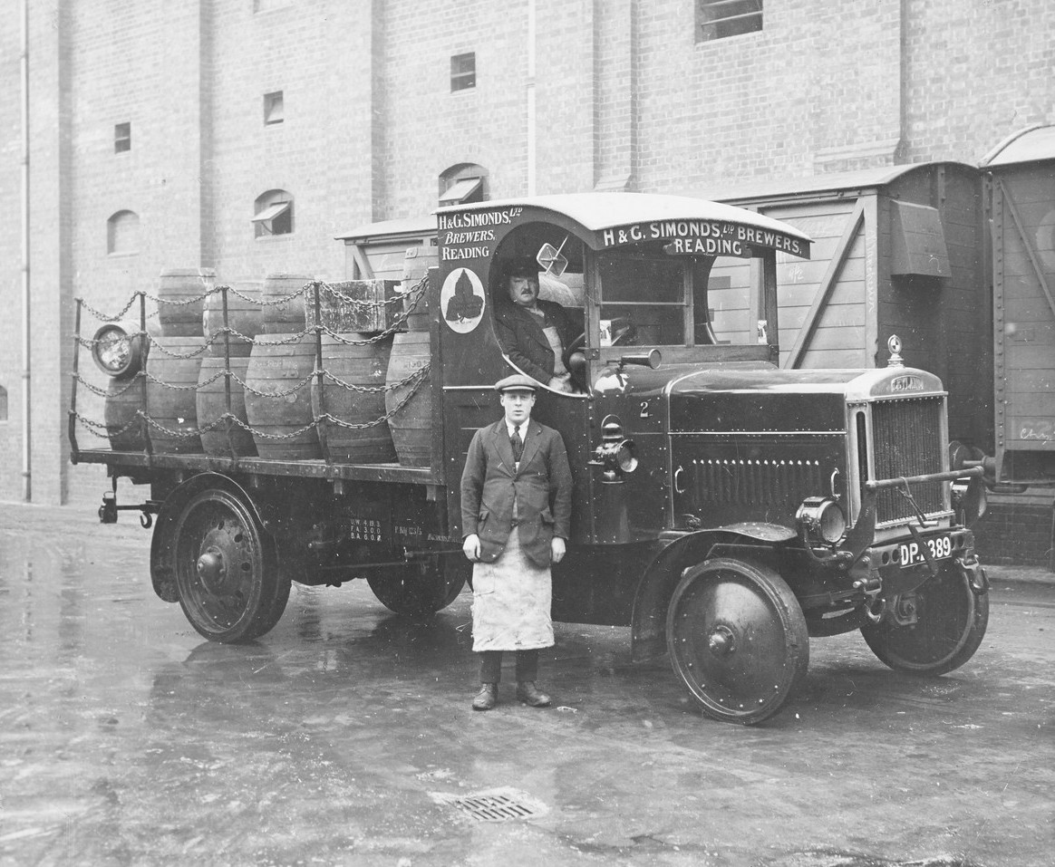 Black and white photographic print of a Leyland solid tyred lorry belonging to Simonds brewery