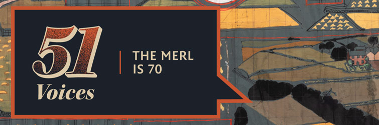 51 Voices - The MERL is 70 project logo on a background of part of an O'Connell wallhanging from 1951