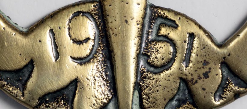 Detail of Armac Brassworks, Festival of Britain horse brass showing date '1951'