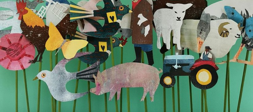 A series of colourful paper puppet figures showing farm animals, vehicles, and rural features