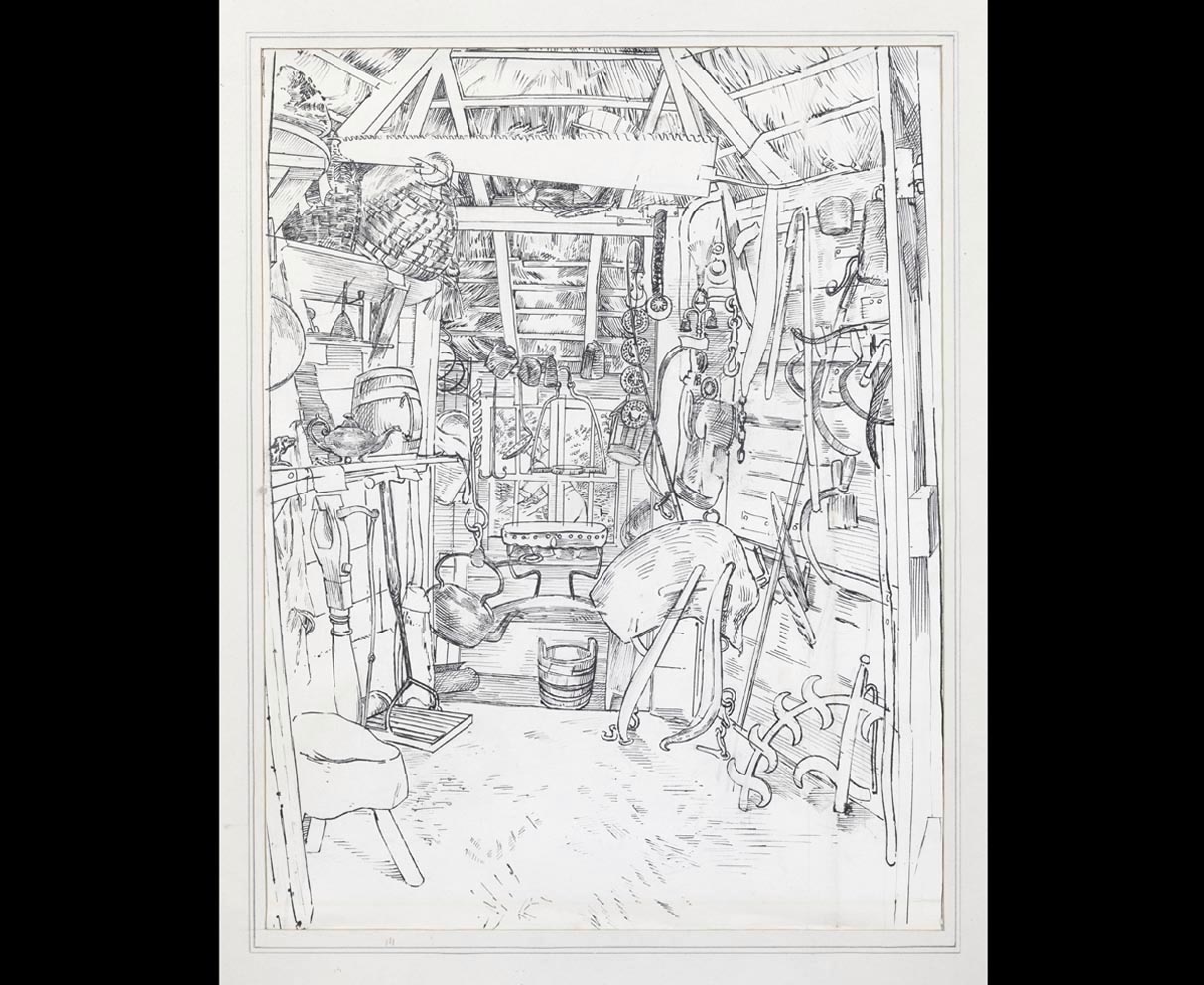 This drawing shows the interior of a hut that the interwar writer H. J. Massingham had built in the orchard of his home ‘Reddings’, in Long Crendon, Buckinghamshire. The object collection seen stored in this hut was donated by him to The MERL in 1951.
