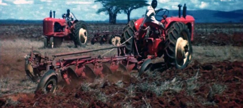 Still from film called 'The Groundnut Scheme at Kongwa' showing ploughing using tractors