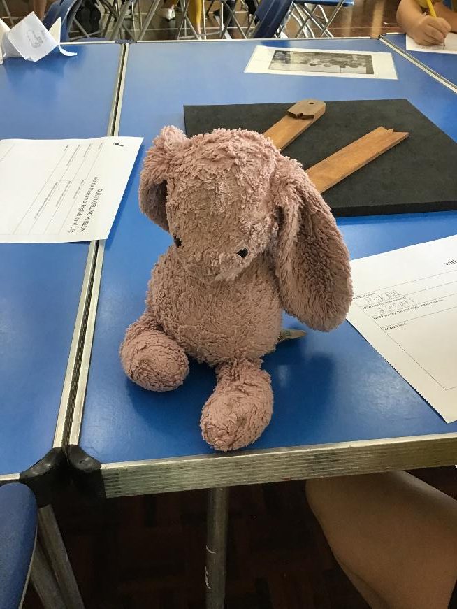 A cuddly toy, a bunny, on a table.