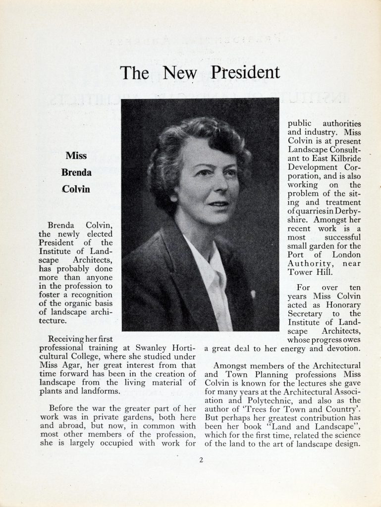 An extract from the Journal of the Institute of Landscape Architects, covering the election of Brenda Colvin to President in 1951.