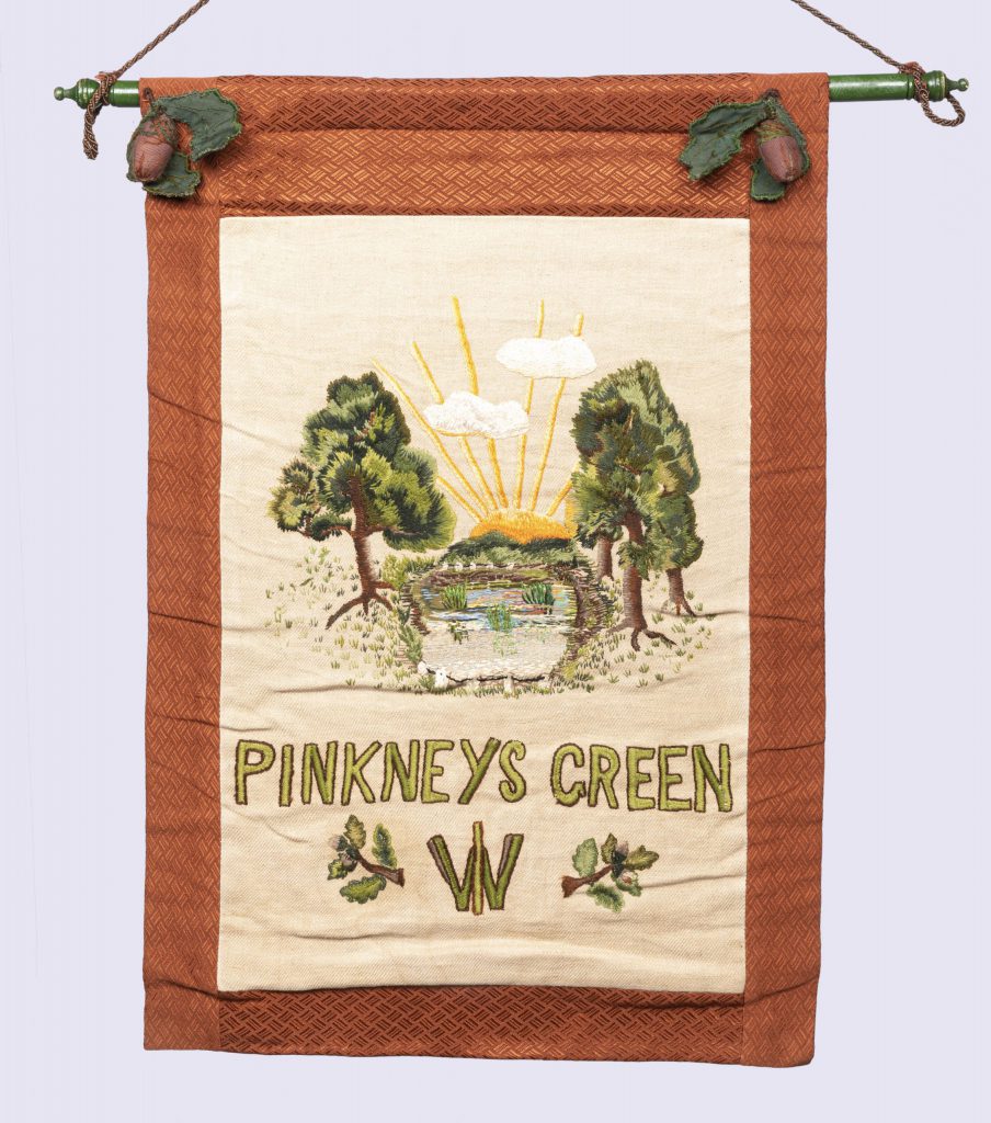 The Pinkneys Green banner is one of several examples of astonishing artistry by members of the WI. It was hand-stitched by members of the Pinkneys Green WI in around 1951, shortly after the establishment of their local Institute in 1949. (MERL 2007/48/1-2)