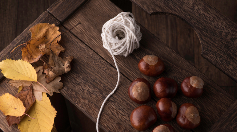 Conkers and string sitting on dark wooden apple box