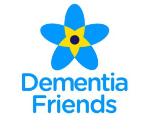 Dementia Friends logo - yellow flower inside a larger blue flower