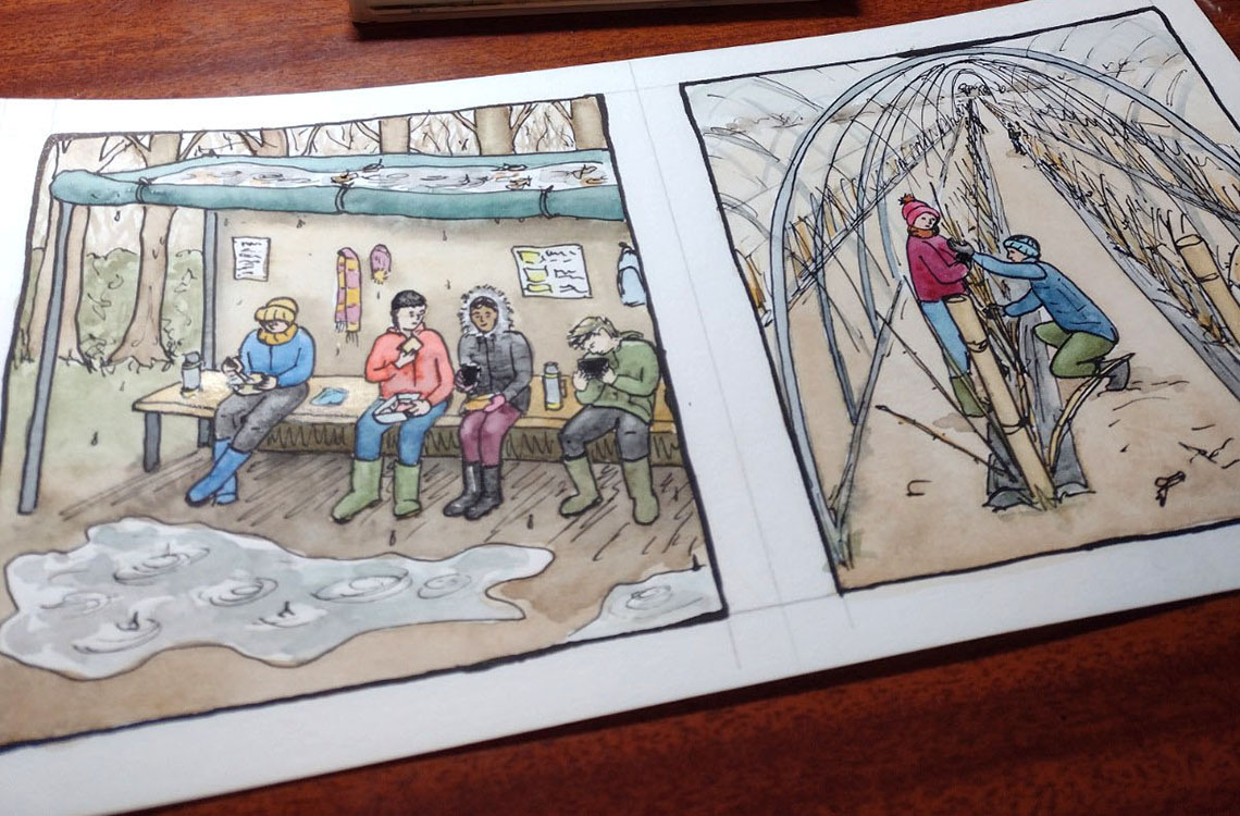 Work by artist Sarah Hannis depicting seasonal migrant farm workers in the process of being made