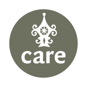 circular logo with the word 'care' written below a representation of a decorative polehead