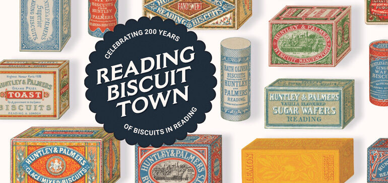 Reading Biscuit Town 200 logo on a background of Huntley & Palmers biscuit tins