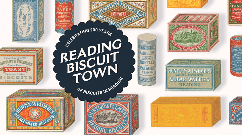 Reading Biscuit Town 200 logo on a background of Huntley & Palmers biscuit tins