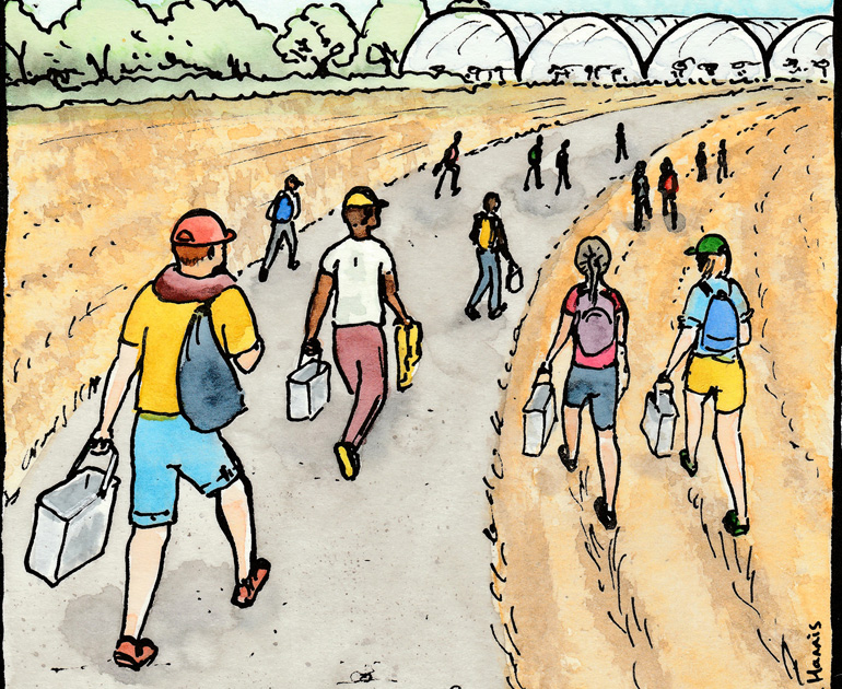 One of 30 ink and watercolour sketches by Sarah Hannis providing insight into the daily lives of migrant agricultural workers who came to the UK in 2021. This image shows workers walking to work.