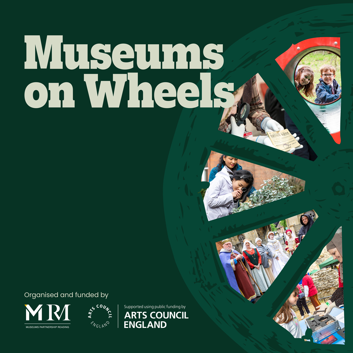 Museums on Wheels logo showing images of Reading Museum and The MERL between the spokes of a wagon wheel