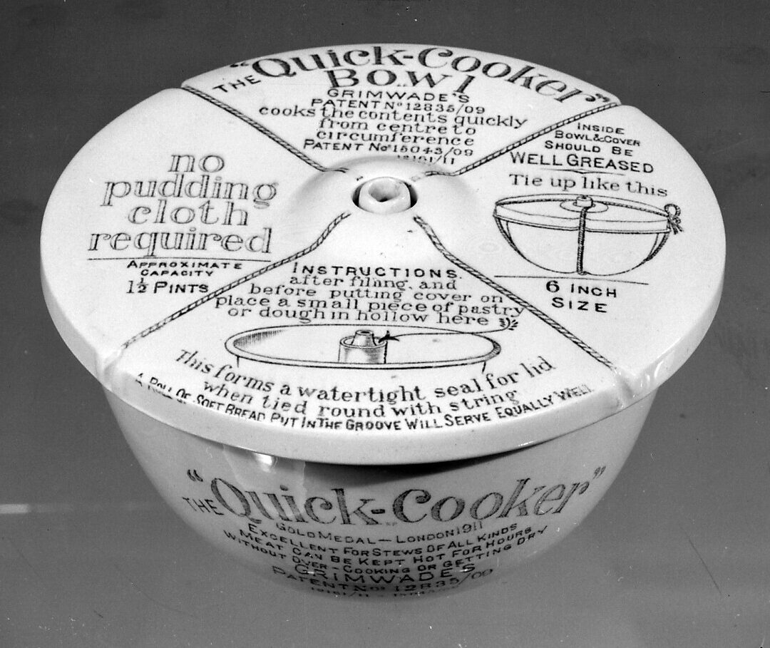 A 'Quick Cooker' bowl for cooking or re-heating food over water, dating from 1911.