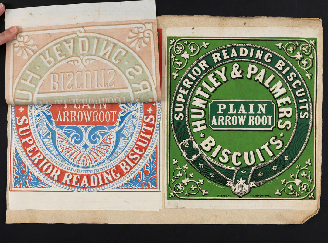 Album containing miscellaneous printing executed for Huntley & Palmers, including biscuit tin labels, stationery, notices, and more.