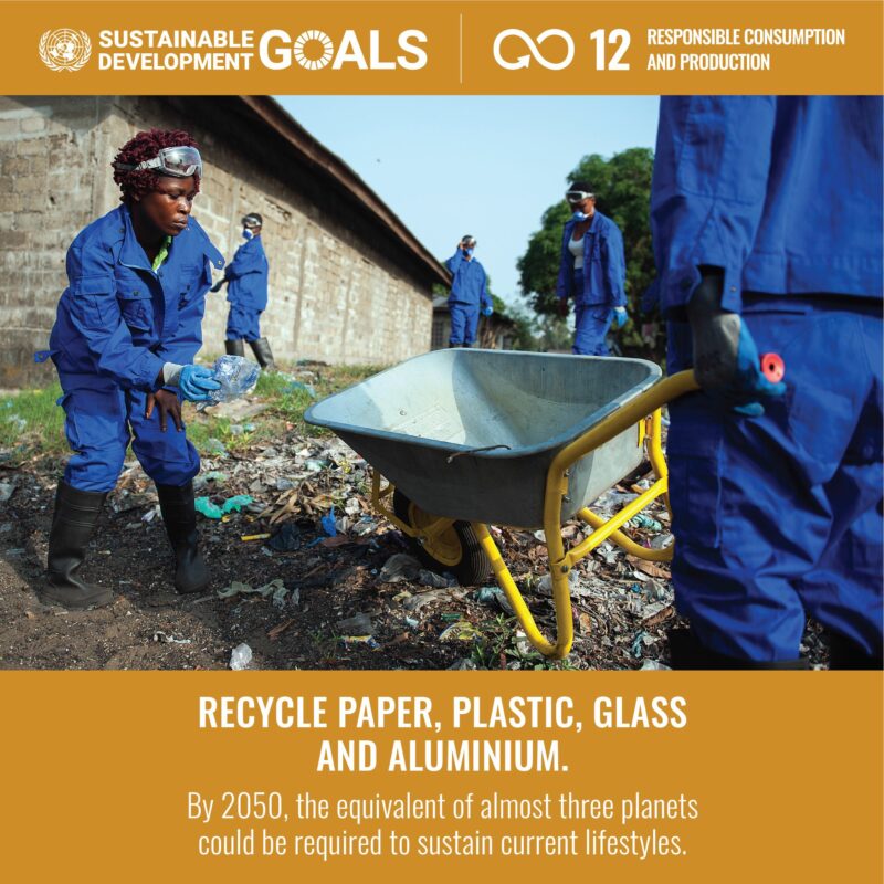 Sustainable Development Goal 12. It says: 'Recycle paper, plastic, glass and aluminium'.