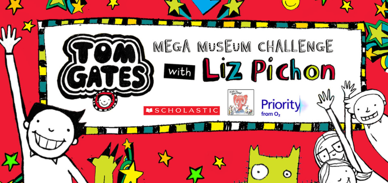 Brightly coloured cartoon graphic of Tom Gates Mega Museum Challenge designed by Liz Pichon