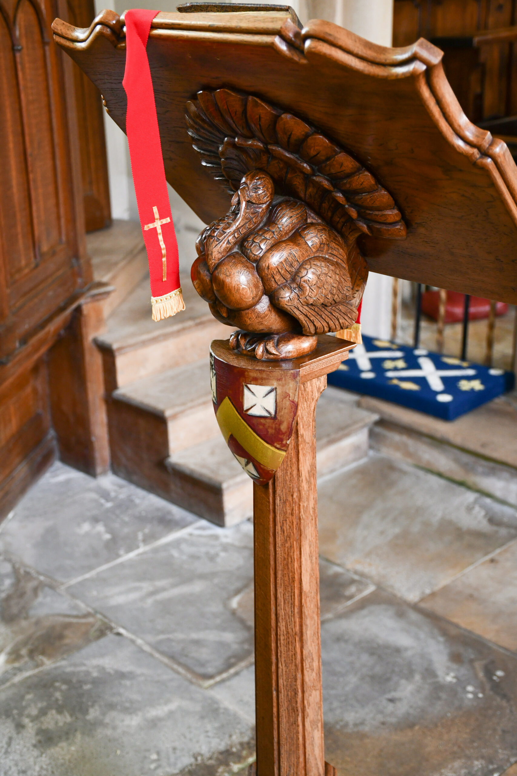 A turkey on a church lectern.