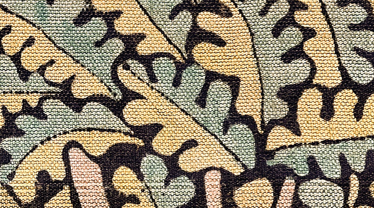 Close up of leaves from oaktree detail from a Michael O'Connell wallhanging at The MERL