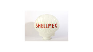 Shellmex in red capital letters on a white shell-shaped petrol globe