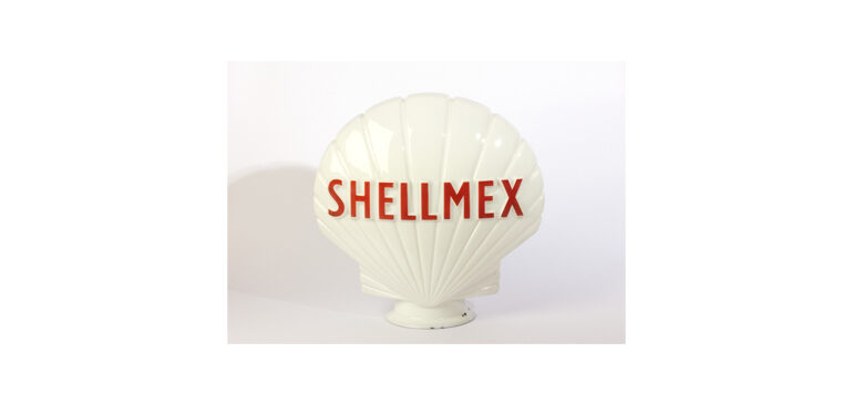Shellmex in red capital letters on a white shell-shaped petrol globe