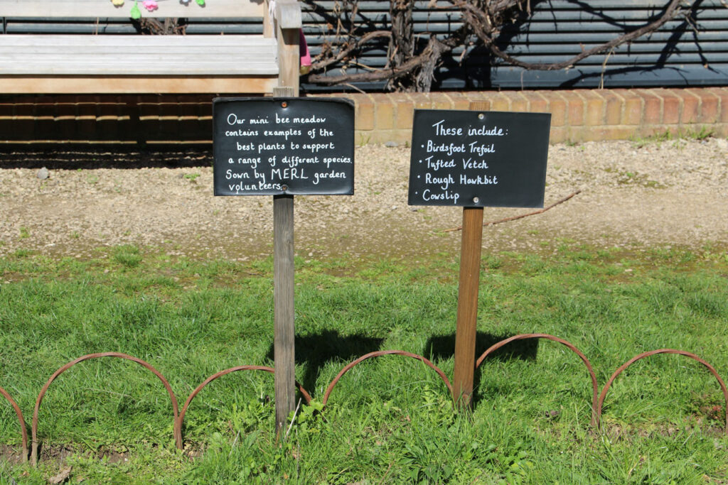 Handwritten signs on describing the bee meadow in the MERL garden