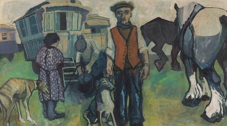 A large painting depicting gypsy or traveller people with horses, dogs and caravans