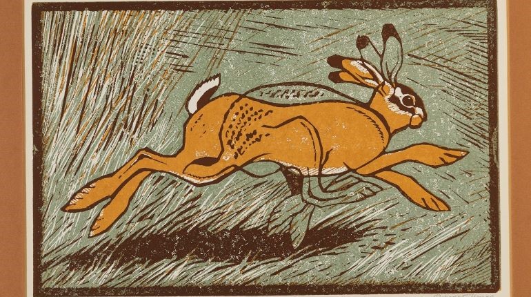 Colour linocut of a hare running, on paper, UAC/10305