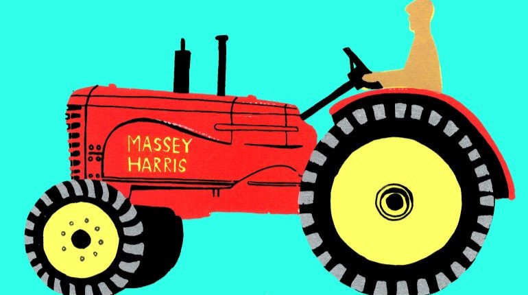 Print by Emily Gillmor of a figure sitting on a red Massey Harris tractor