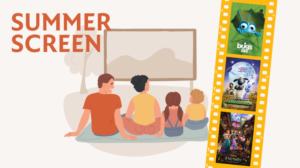 Illustration of a family watching films on a screen outdoors