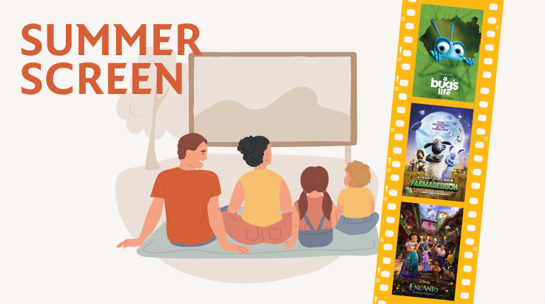 Illustration of a family watching films on a screen outdoors