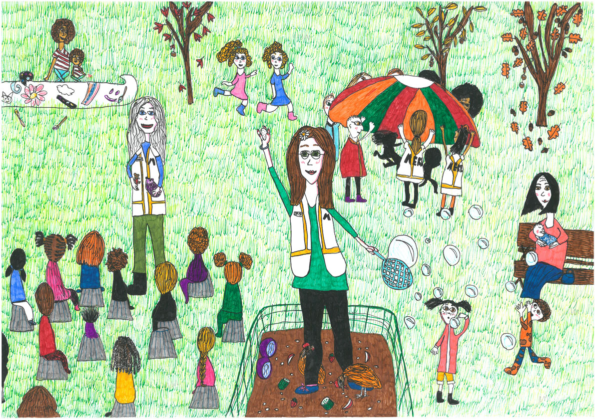 A colourful drawing of a Friday Fledglings session in the MERL garden by our intern
