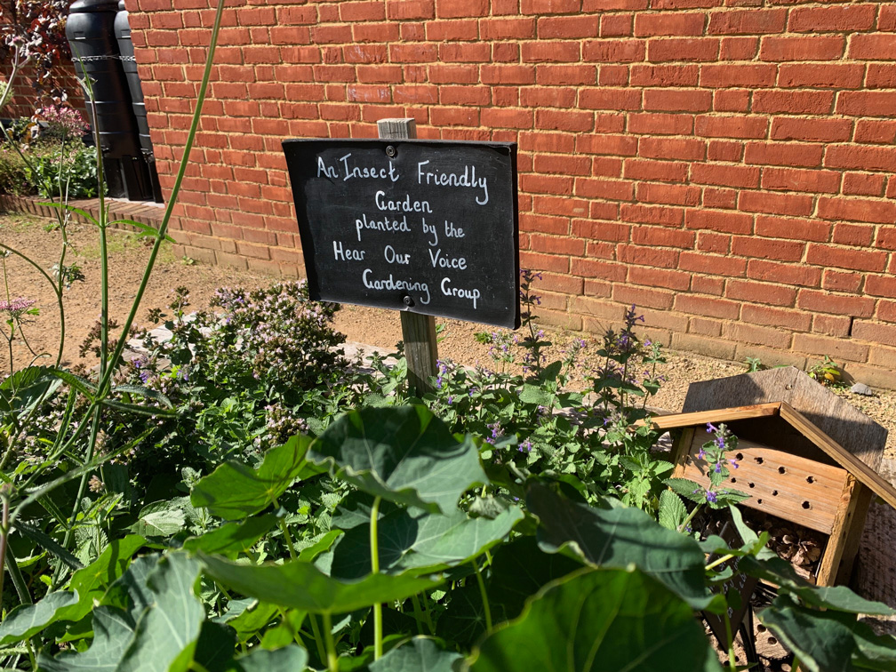 A hand-written sign in the Insect Friendly Garden planted by the Hear our Voice Group