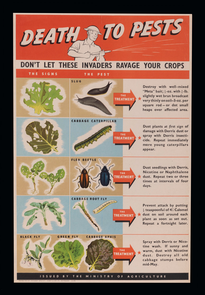 Death to Pests poster showing ways of treating pests on different crops