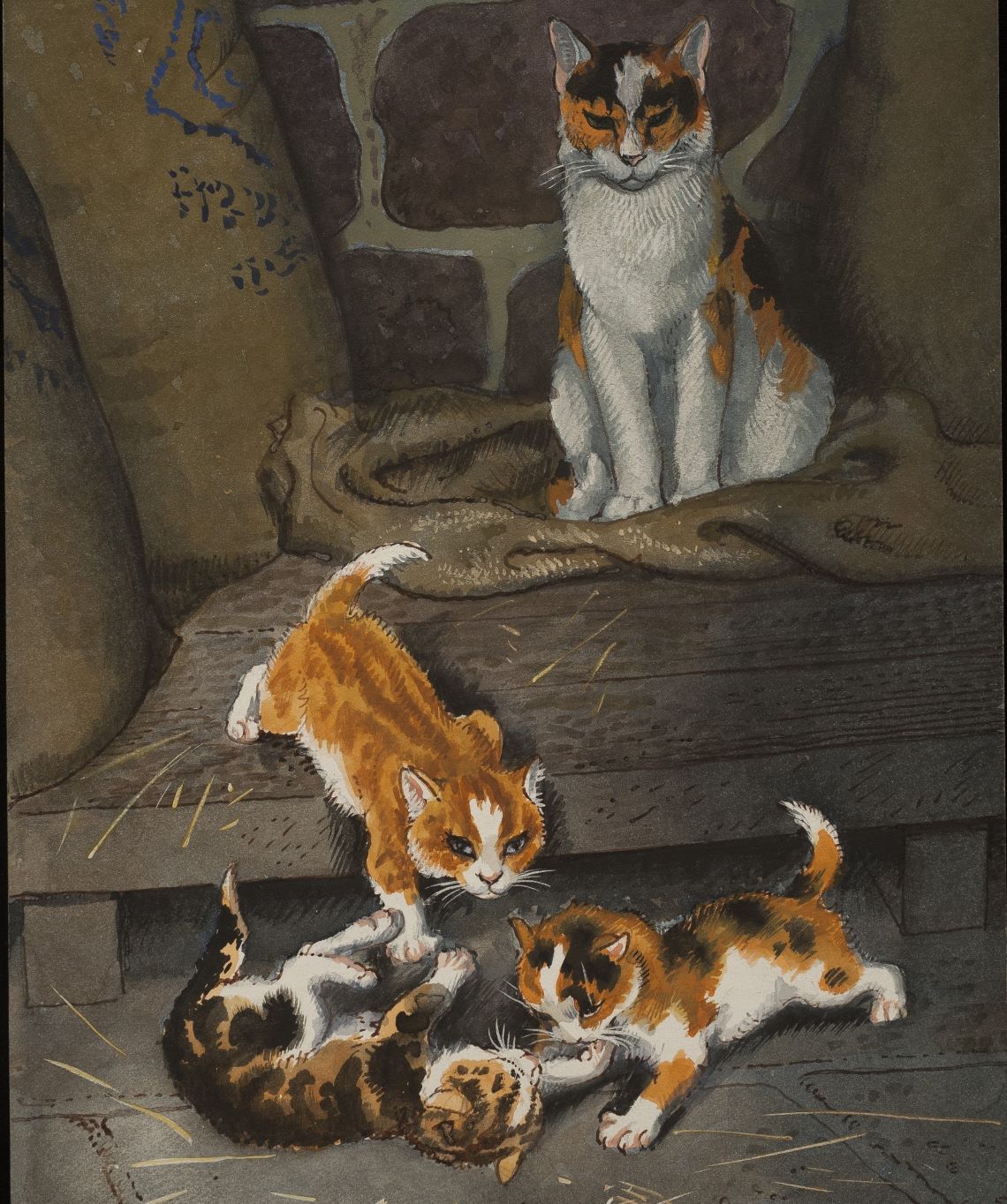 Image from a Ladybird book of a cat looking at kittens