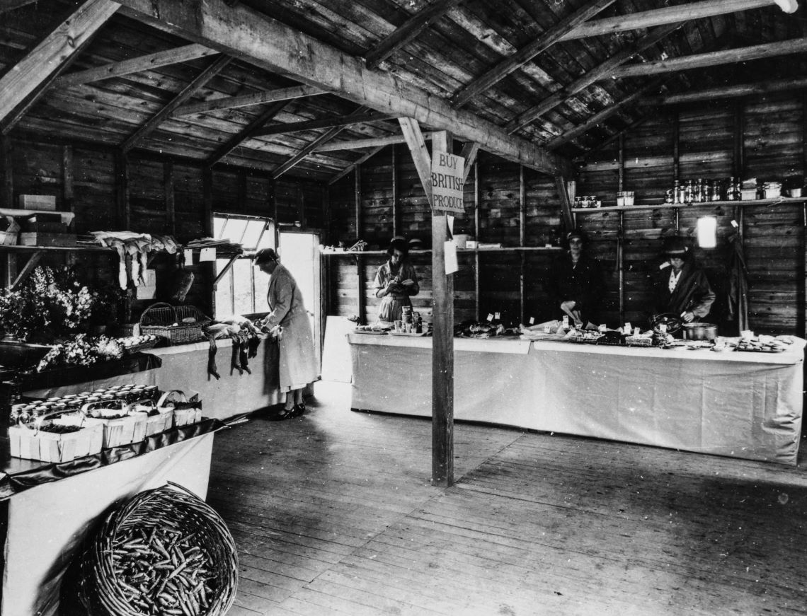 Black and white photograph of a Womens' Institute market