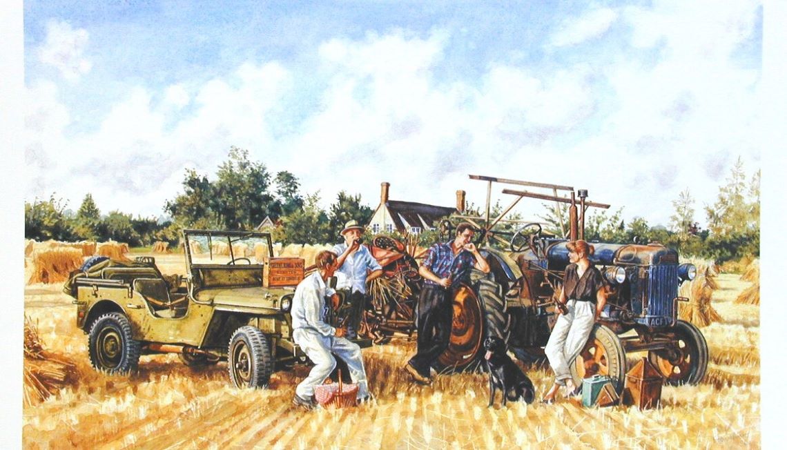 Painting of four white farm workers standing in front of agricultural vehicles