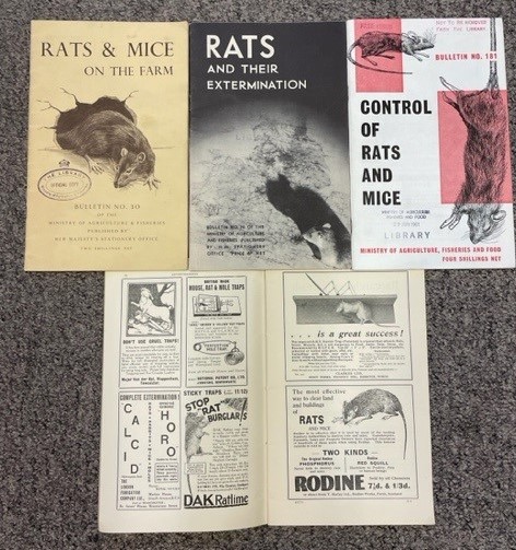 Cover of Rats & Mice bulletins 1937-1953 with examples of advertisements inside