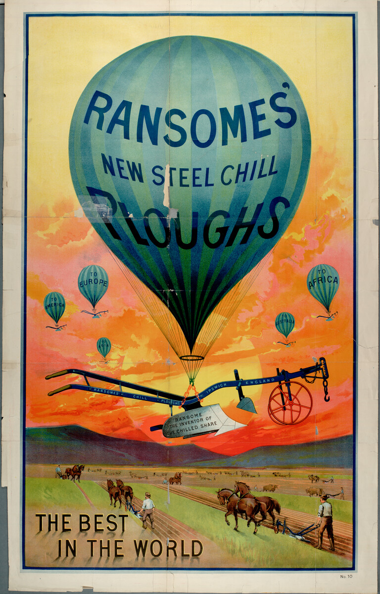 This colourful Ransomes poster from 1889 hints at how the global north took the technology of ploughing, adapting it and using it to impose European ideas of progression on the global south. If you look closely you might even see a camel pulling a plough (MERL TR RAN P3/1/10).