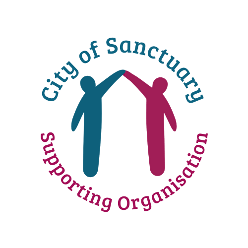 the logo for City of Sanctuary, featuring two silhouettes of people, one red and one blue, joining hands