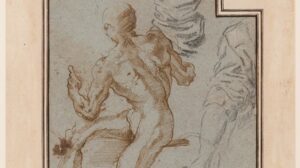 Drawing of a seated male nude and two arms by Jacopo Bertoia