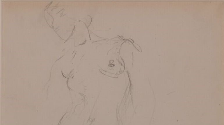 Drawing of a standing female nude, graphite on paper.