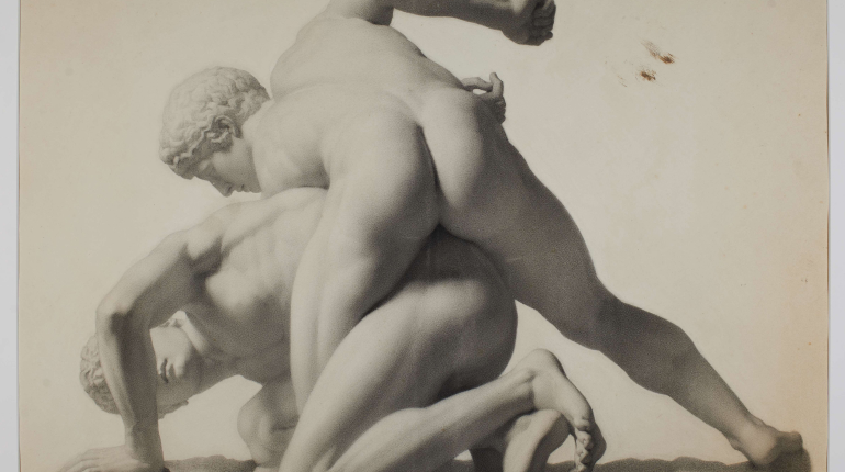 Artwork of two men, wrestling