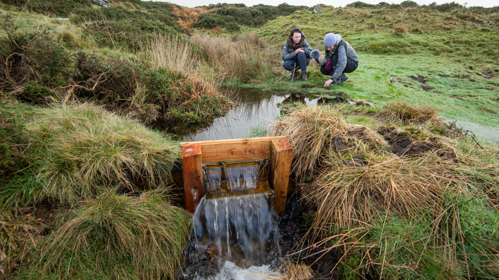 Angelique McBride (left) natural flood management officer for Dartmoor Headwaters project explains the process of leaky dams on Harford Moor.