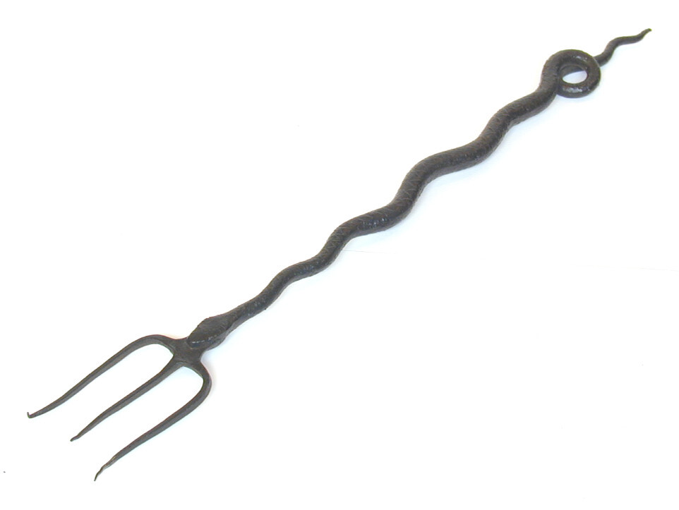 A three-pronged wrought iron toasting fork with the handle in the form of a snake. It was made by Arthur Holloway, a blacksmith from Bradfield in Berkshire, who taught himself how to make decorative wrought iron pieces.